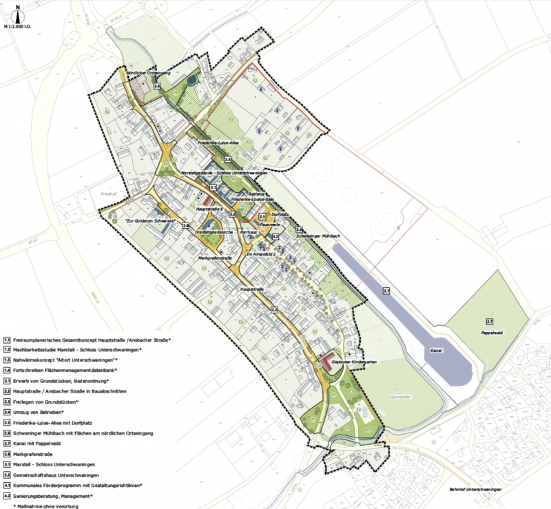 Karte vom Altort Unterschwaningen mit eingezeichnetem Sanierungsgebiet